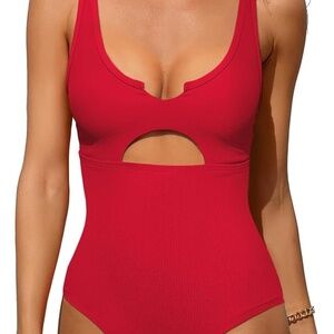 Amazon Charmo Cut Out Red Ribbed One Piece Swimsuits for Women